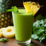 Healthy green smoothie in clear glass with mint and pineapple