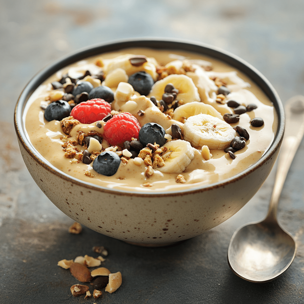  Served banana peanut butter smoothie bowl ready to eat